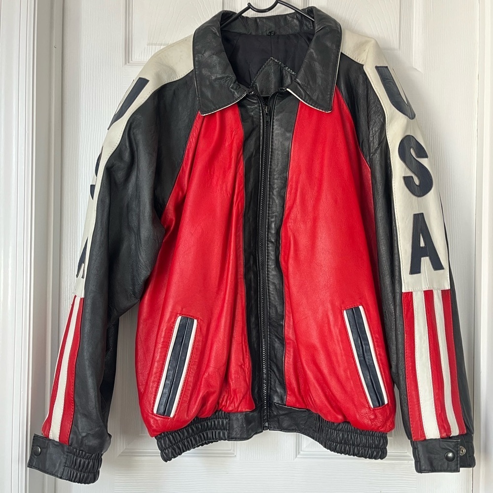 Vintage American Flag Leather Bomber Jacket Large